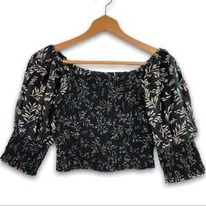 Zara - Crop Puff Sleeve Elastic Waist / Sleeve Fern Leaf Top - XS